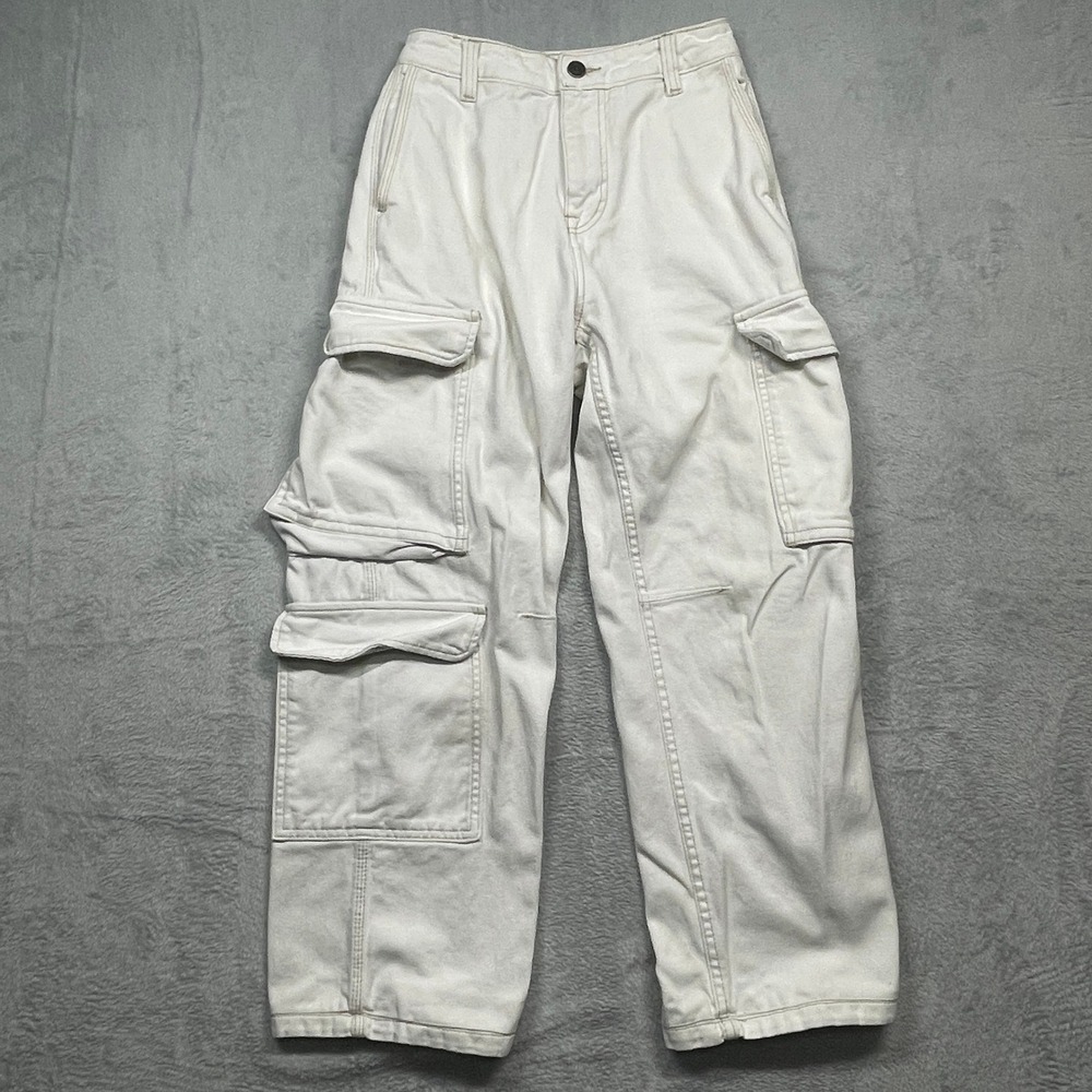 Pull&Bear Cargo Pants Women 28 White Wide Leg High Rise Denim Utility Streetwear